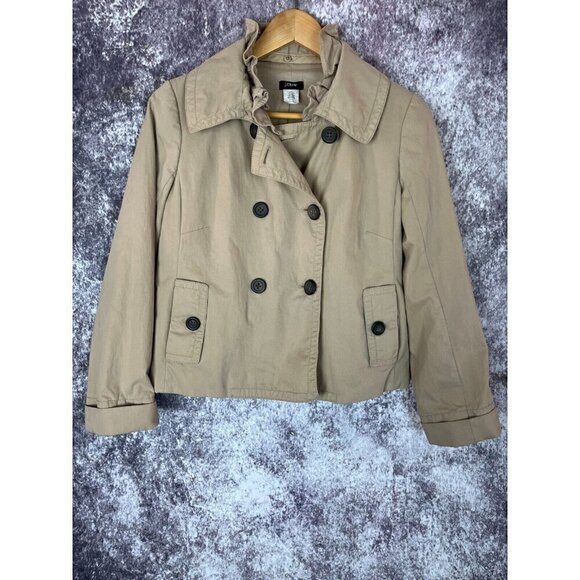 J. Crew Jacket Womens Sz 4 Khaki Pea Coat Double Breasted Cotton Stretch Preppy - Picture 1 of 12